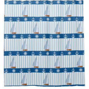 Nautical Ships Wheel Anchor Blue White Stripes