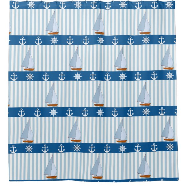 Nautical Ships Wheel Anchor Blue White Stripes (Front)