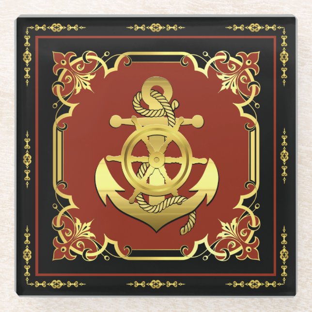 Nautical ship's wheel/anchor brick-red/gold glass coaster (Front)