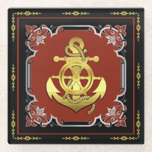 Nautical ship's wheel/anchor brick-red/gold/silver glass coaster