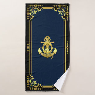 Nautical ship's wheel/anchor navy-blue/gold bath t bath towel