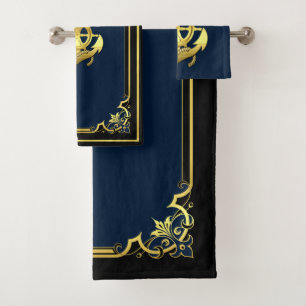 Nautical ship's wheel/anchor navy-blue-gold bath towel set