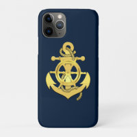 Nautical ship's wheel/anchor navy-blue/gold