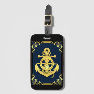 Nautical ship's wheel/anchor navy-blue/gold luggage tag