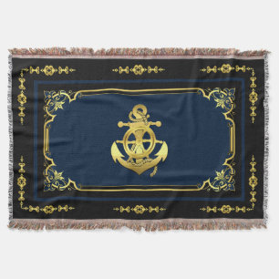 Nautical ship's wheel/anchor navy-blue/gold throw blanket