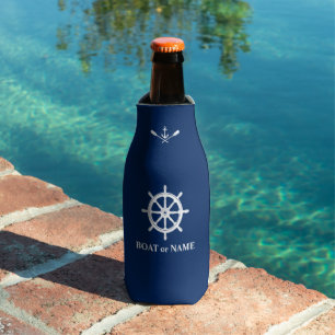 Nautical Ships Wheel Anchor Oars Boat Name Navy Bottle Cooler