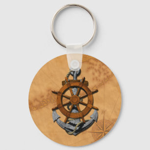 Nautical Ships Wheel And Anchor Keychain