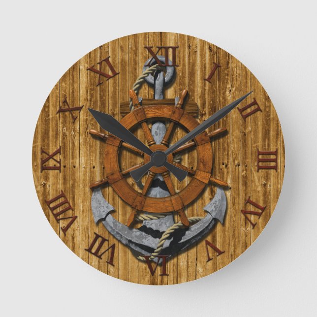 Nautical Ships Wheel And Anchor Round Clock (Front)