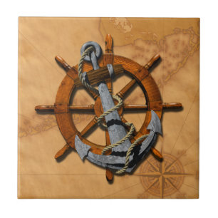 Nautical Ships Wheel And Anchor Tile