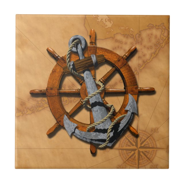 Nautical Ships Wheel And Anchor Tile (Front)