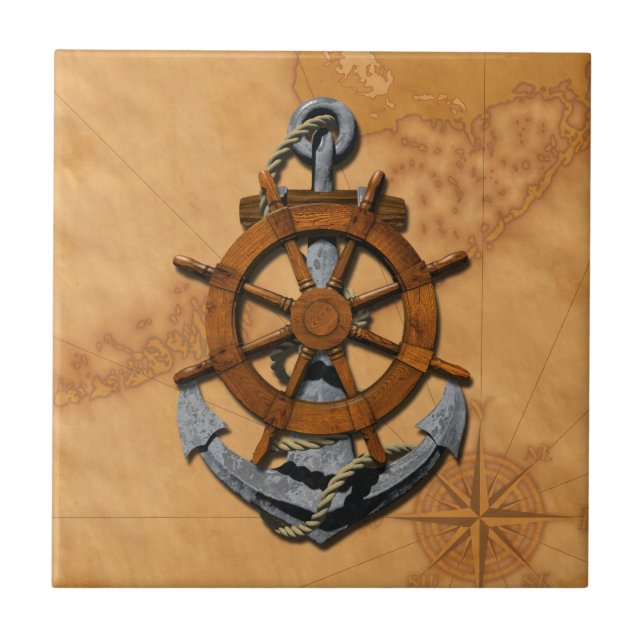 Nautical Ships Wheel And Anchor Tile (Front)