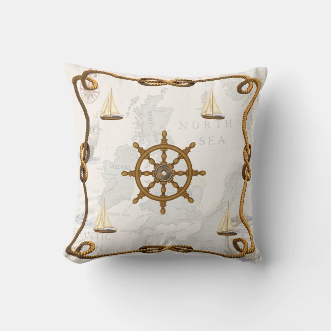 Nautical Ships Wheel and Sailboats Throw Pillow (Front)