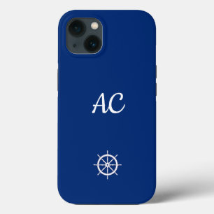 Nautical Ships Wheel Blue+White (Personalize) iPhone 13 Case