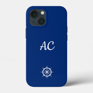 Nautical Ships Wheel Blue+White (Personalize) iPhone 13 Mini Case