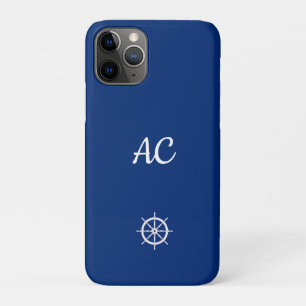 Nautical Ships Wheel Blue+White (Personalize) iPhone 11 Pro Case