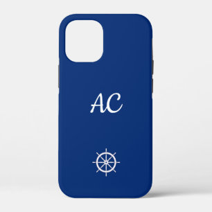 Nautical Ships Wheel Blue+White (Personalize) iPhone 12 Mini Case