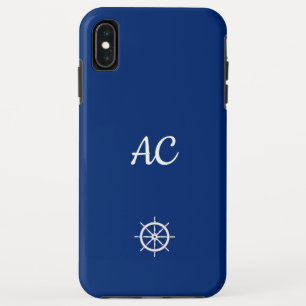 Nautical Ships Wheel Blue+White (Personalize) iPhone XS Max Case