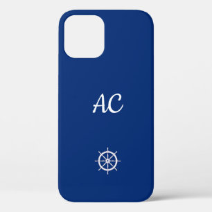 Nautical Ships Wheel Blue+White (Personalize) iPhone 12 Case