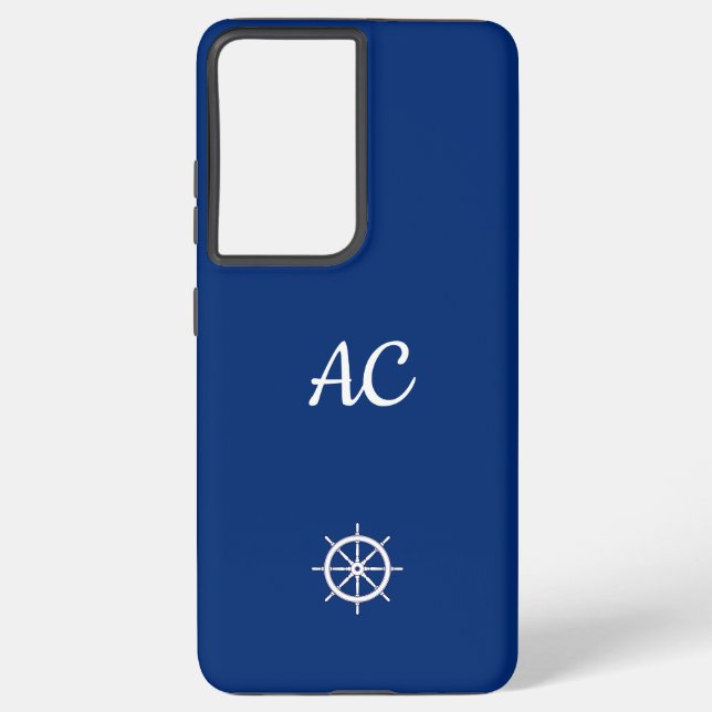 Nautical Ships Wheel Blue+White (Personalize) Samsung Galaxy S21 Ultra Case (Back)