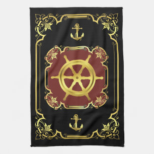 Nautical ship's wheel gilded black/gold/red kitchen towel