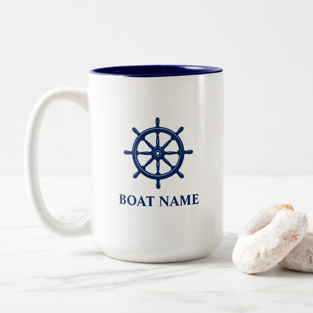 Nautical Ships Wheel Helm Add Boat or Name Large Two-Tone Coffee Mug (With Donut)
