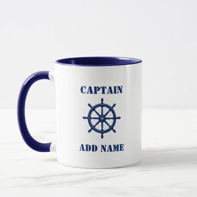 Nautical Ships Wheel Helm Captain or Boat Name Mug (Left)