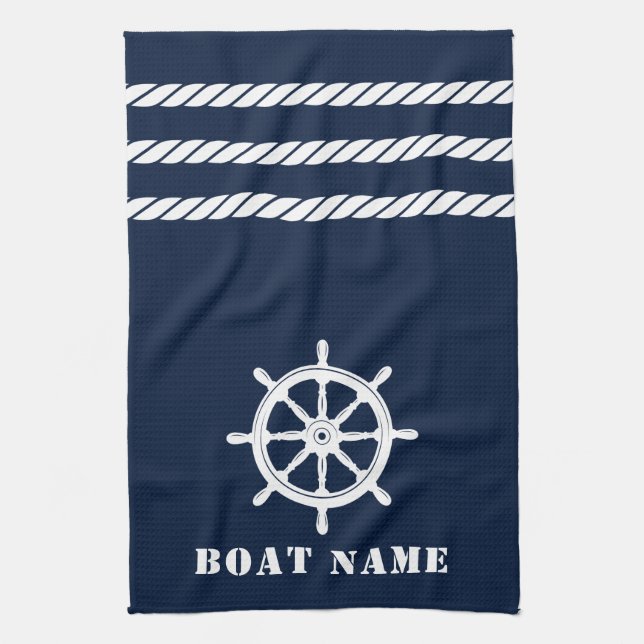 Nautical Ships Wheel Helm Rope Your Boat Name Blue Kitchen Towel (Vertical)