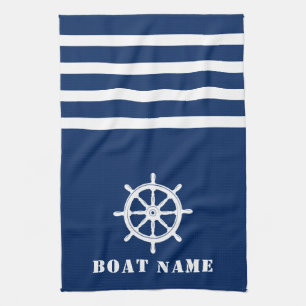 Nautical Ships Wheel Helm Your Boat Name Navy Blue Kitchen Towel