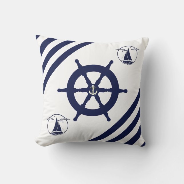 Nautical ship's wheel/sailboat/anchor/stripe throw pillow (Front)