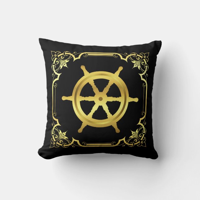 Nautical ship's wheel silhouette/gold/black square throw pillow (Front)