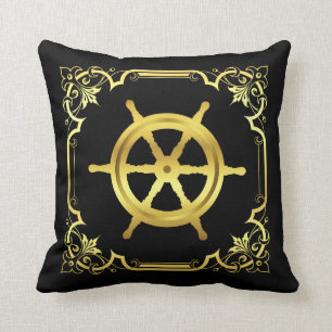 Nautical ship's wheel silhouette/gold/black square throw pillow