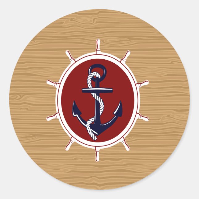 Nautical Ships Wheels Anchor on Wood Grain Classic Round Sticker (Front)