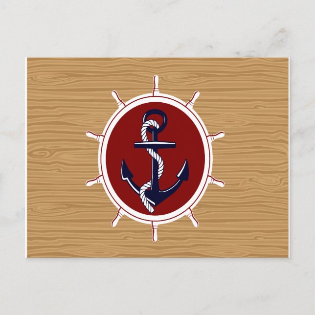 Nautical Ships Wheels Anchor on Wood Grain Postcard (Front)
