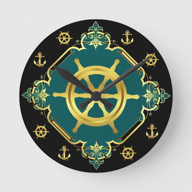 Nautical ship's wheels/anchors/ gold/black/aqua round clock (Front)