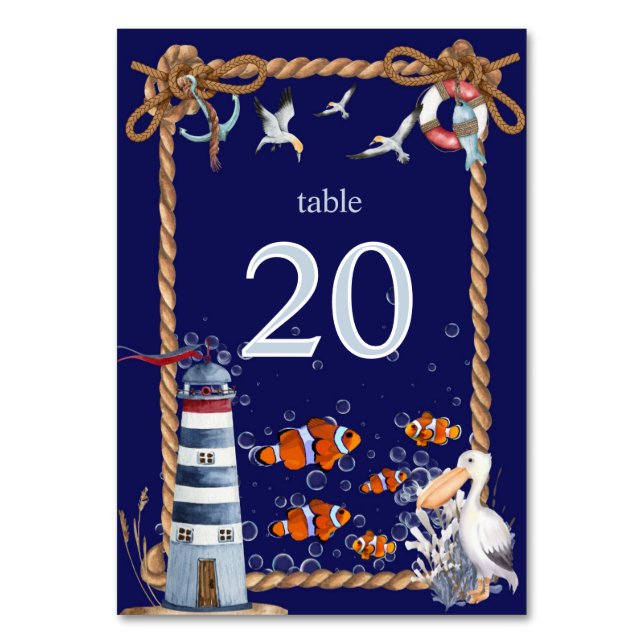 Nautical  Sign with Lighthouse & Clown Fish Table Number (Front)