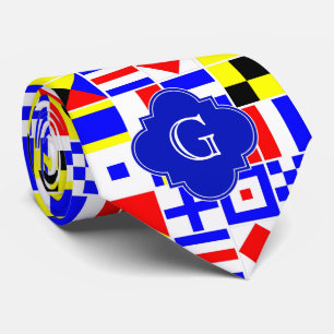 Nautical Signal Flags Royal Quatrefoil Monogram Tie