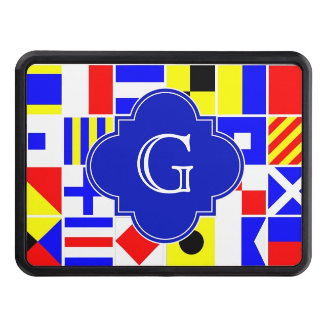 Nautical Signal Flags Royal Quatrefoil Monogram Trailer Hitch Cover (Front)