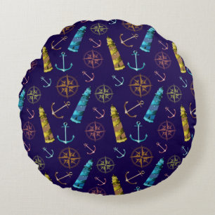 Nautical Signs Anchor Golden Lighthouse Compass Round Pillow