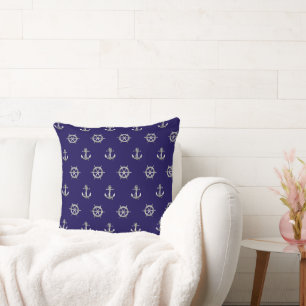 Nautical silver anchor and boat/ship wheel/blue throw pillow
