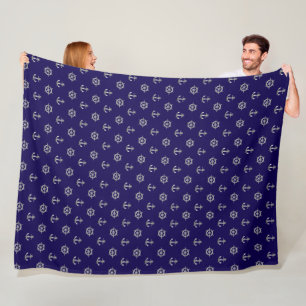 Nautical silver anchor and boat wheel, navy blue fleece blanket