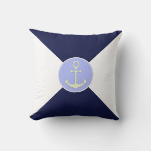 Nautical Silver Anchor on Navy Blue & White Throw Pillow