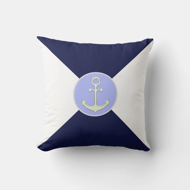 Nautical Silver Anchor on Navy Blue & White  Throw Pillow (Front)