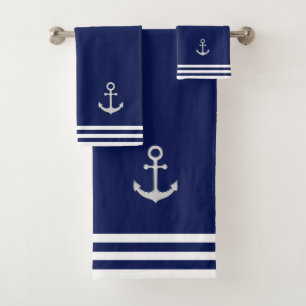 Nautical Silver Anchor & Stripes on Navy Blue Bath Towel Set
