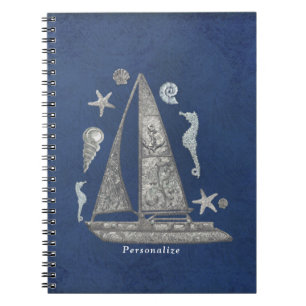 Nautical Silver Boat & Beach Things Elegant Chic Notebook