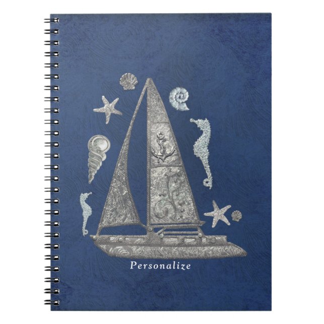 Nautical Silver Boat & Beach Things Elegant Chic Notebook (Front)