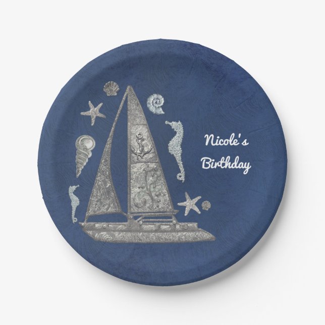 Nautical Silver Boat & Beach Things Elegant Party Paper Plate (Front)