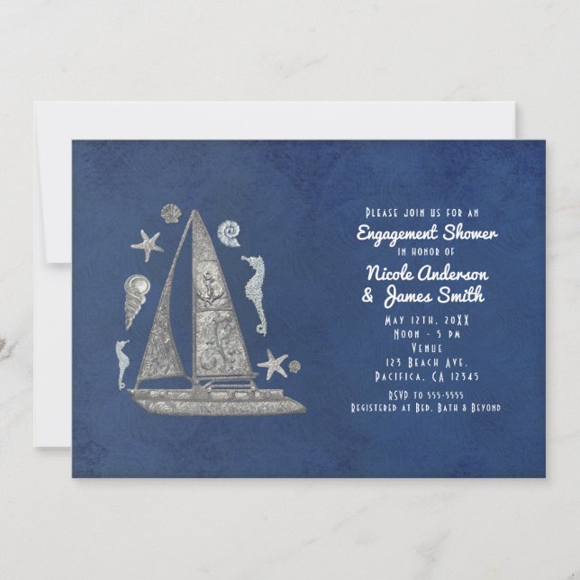 Nautical Silver Boat & Beach Things Invitations (Front)