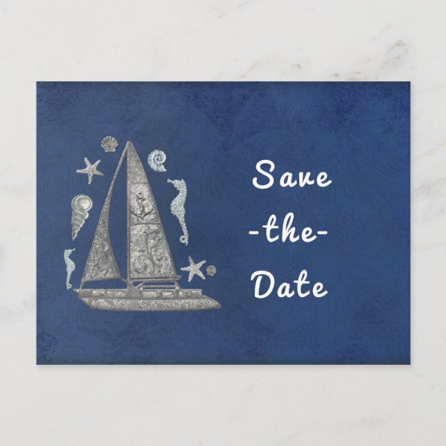 Nautical Silver Boat & Beach Things Save the Date Announcement Postcard (Front)