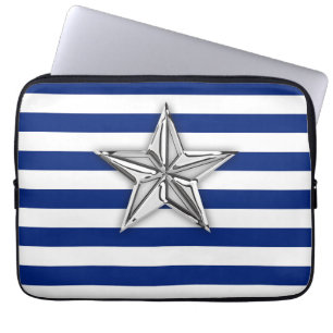 Nautical Silver Star Design on Stripes Laptop Sleeve