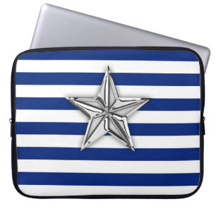 Nautical Silver Star Design on Stripes Laptop Sleeve